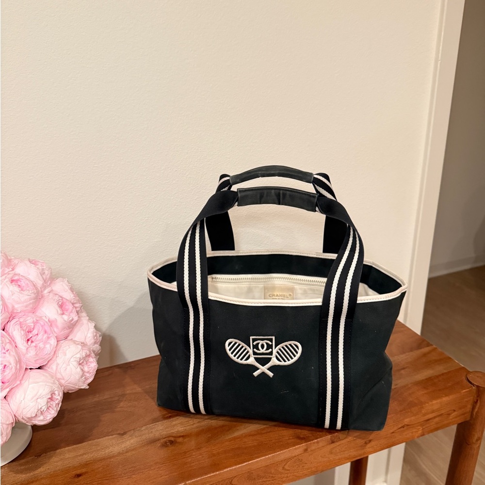 CHANEL Navy and White tennis racquet Canvas Tote Bag